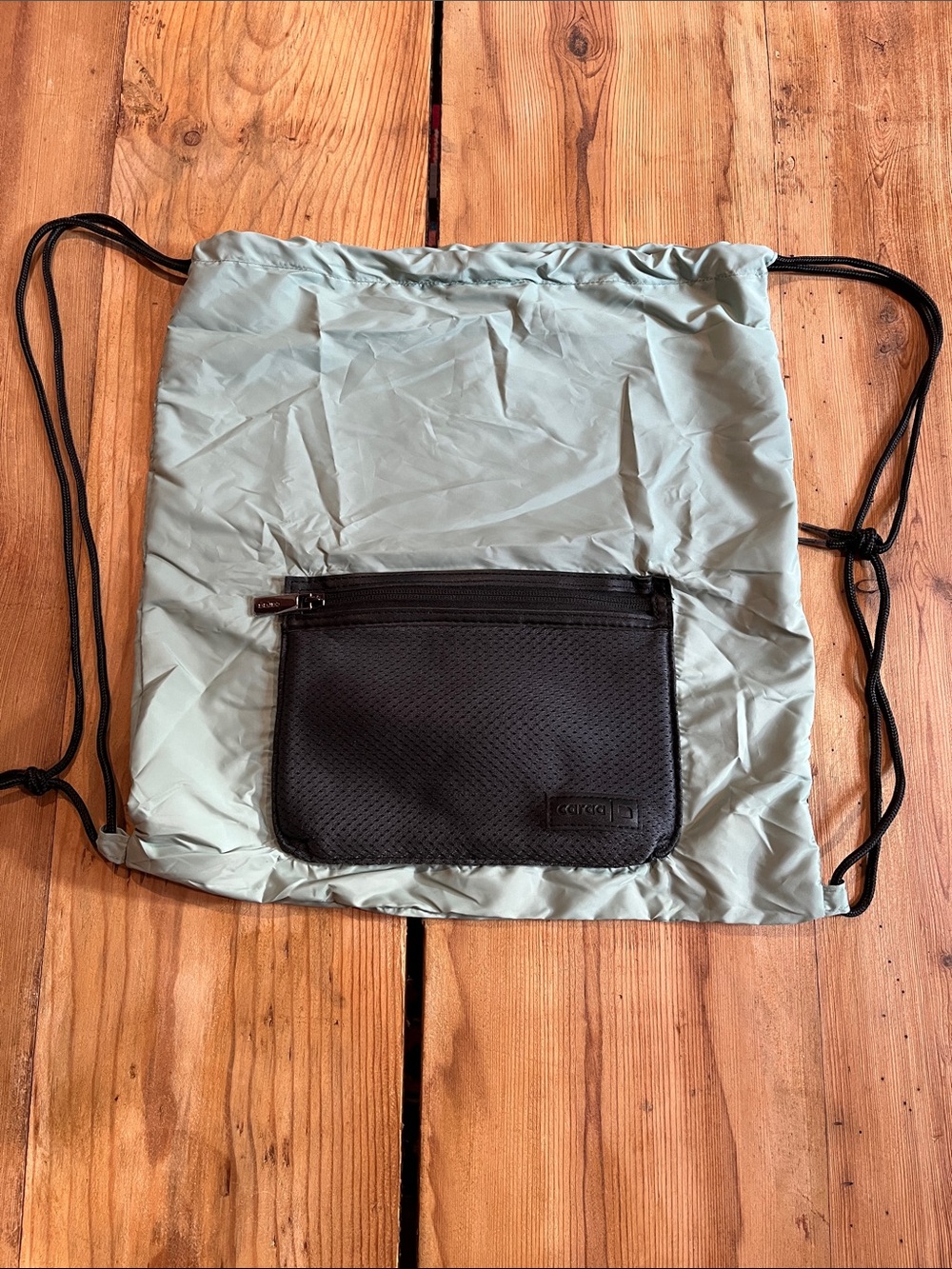 Drawstring Backpack with Front Zip Pocket - Light Sage and Black